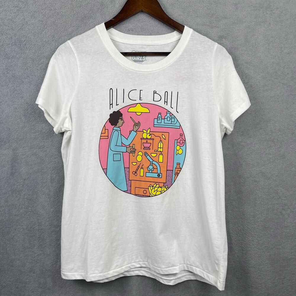 NWT Rebel Girls Graphic Tee Alice Ball Juniors SZ M White Crew Neck Scientist